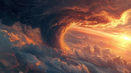 A towering supercell storm with swirling cloud formations, an ominous funnel cloud reaching toward the earth, warm sunset colors contrasting the dark storm