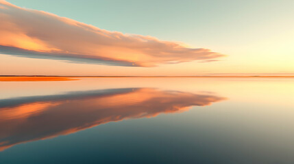 Obraz premium Calm lake sunset reflection, peaceful evening sky, nature background, ideal for relaxation