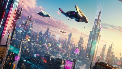 Futuristic city skyline with flying vehicles