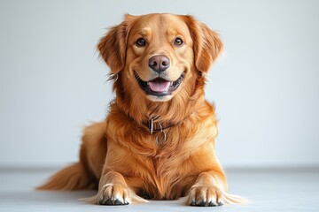 Happy Golden Retriever Sitting Pretty On White Background, Full Body Portrait With Collar