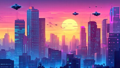 Fototapeta premium Futuristic city skyline at sunset with UFOs. Possible use Background for sci-fi presentations