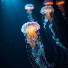 Floating Glowing Jellyfish in a Dark Liquid Environment