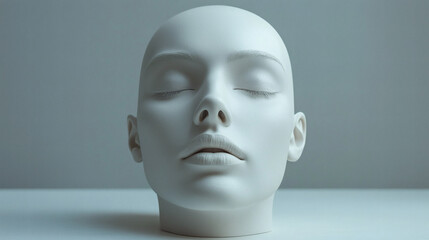Artistic mannequin head sculpture in minimalist profile view with closed eyes against gray background showing ethereal beauty