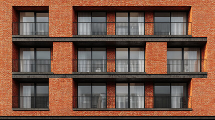 Fototapeta premium Modern residential brick facade with glass balconies on apartment building exterior geometric pattern contemporary architecture