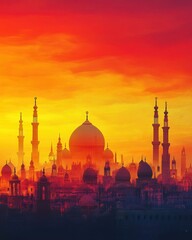 Fiery sunset over a city skyline with prominent mosque domes and minarets.  Warm, orange and red hues dominate the scene, creating a dramatic atmosphere