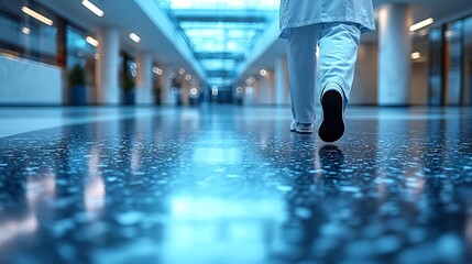 Fototapeta premium Doctor walking hospital corridor, modern building background, healthcare concept