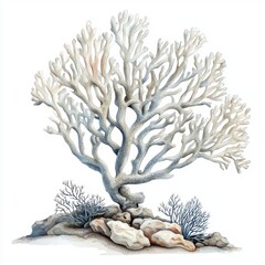 Intricate White Coral Illustration Over Rocky Seafloor Background