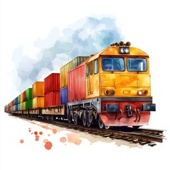 Obraz premium Brightly Colored Freight Train Passing Through Industrial Landscape