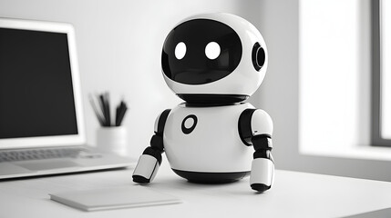 A cute, compact robot sitting on a desk near a laptop, showcasing modern technology.