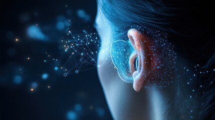 Human ear with sound waves technology for hearing test and treatment,.