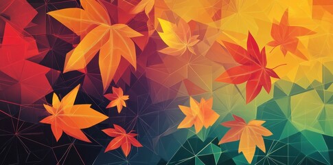 Geometric autumn leaves float across a colorful triangular background
