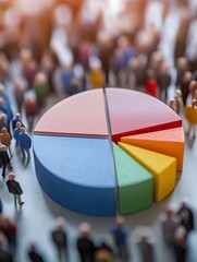 Diverse crowd surrounding pie chart, data analysis