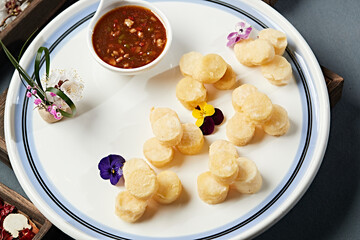 Deep-fried Japanese tofu cubes with dipping sauce