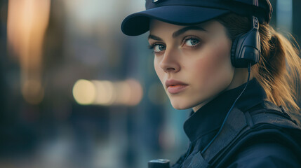 A woman officer wearing a sleek, tactical suit and communicating with her team through an advanced earpiece, preparing for a high-stakes negotiation