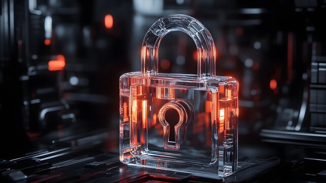 Glass padlock glowing in server room, data security