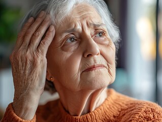 Elderly woman, head in hand, worried, indoor, blurred background, health concern