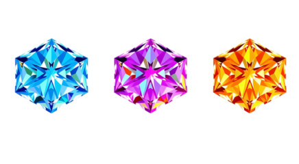 Three Colorful Faceted Hexagonal Gems On Black Background