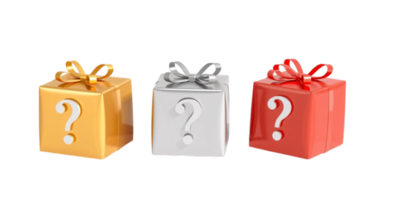 Three Gift Boxes With Question Marks In Gold Silver And Red
