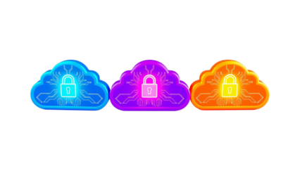Three Glowing Neon Cloud Security Icons