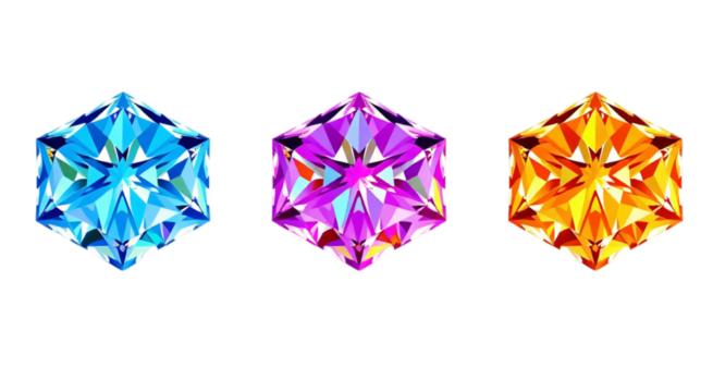 Three Colorful Faceted Hexagonal Gems On Black Background