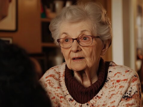 Elderly woman sharing a story indoors