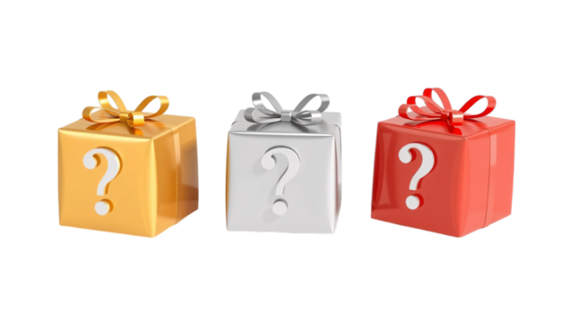 Three Gift Boxes With Question Marks In Gold Silver And Red