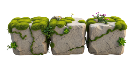 Three Stone Blocks With Moss And Flowers On Black Background