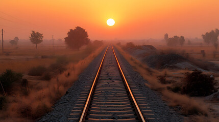 Obraz premium Sunrise over a tranquil railway track in a rural landscape