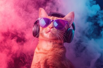 A confident cat wearing purple sunglasses and black headphones, surrounded by vibrant pink and blue smoke. Ideal for music branding, DJ themes, nightlife promotions, and creative designs