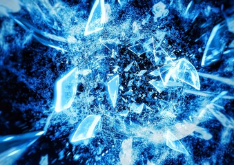 3d illustration of broken blue glass shards scattering on black background