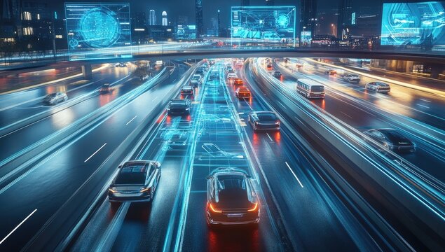 Futuristic highway traffic, autonomous cars, night city, overlaid data