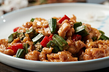 Fried Chicken Thighs with Rice Pepper and Okra