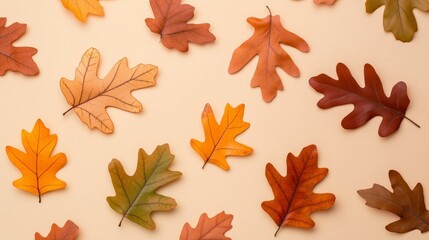 Fototapeta premium Autumn Oak Leaves Pattern On Beige Background