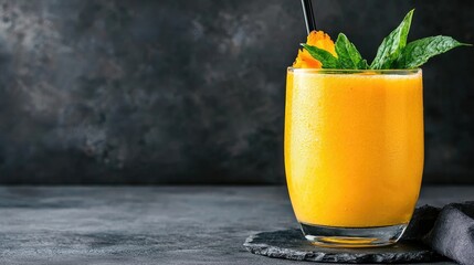 Mango Smoothie in Glass, Dark Background. Possible Use Stock Photo
