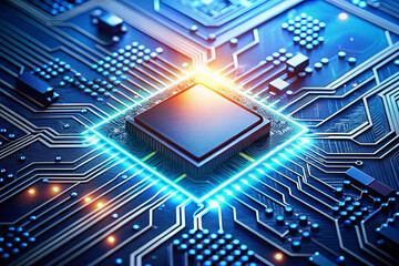Glowing CPU on circuit board; data streams; tech background; digital illustration