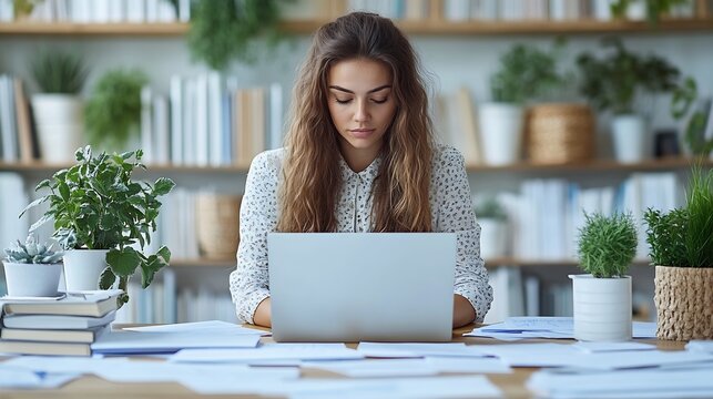 Isolated a white background A teacher reviewing student work on a laptop with a white screen sitting at a school desk filled with white papers
