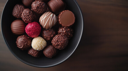 Assorted Delicious Chocolate Truffles in Dark Bowl Sweet Luxury Treats Food Rich Bite Candy Cocoa   