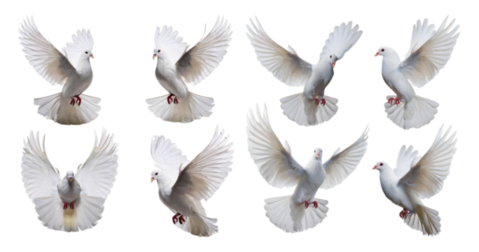 Graceful White Birds in Flight Captured in Various Positions, isolated on transparent background