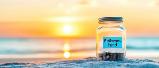 Retirement fund jar on sandy beach at sunset, symbolizing savings