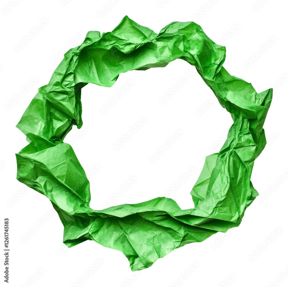 Poster a circular green crumpled paper isolated on transparent background. artistic abstract concept