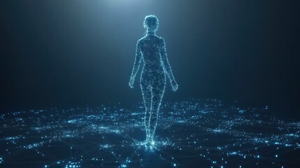 Holographic female body with health data overlay.
