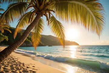 Fototapeta premium Serene Tropical Beach at Sunset with Gentle Waves and Palm Trees