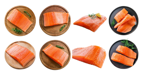 Fresh Salmon Fillets on Wooden Plates and Black Backgrounds, isolated on transparent background