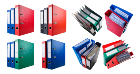 Colorful Office Binders and Folders for Document Organization, isolated on transparent background