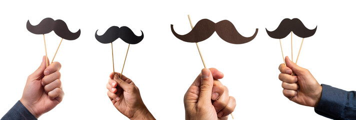 Hands holding black mustache props for a fun celebration or party event.