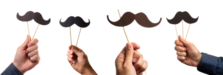 Hands holding black mustache props for a fun celebration or party event.