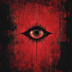 Single demonic red eye staring intensely from a blood red wall