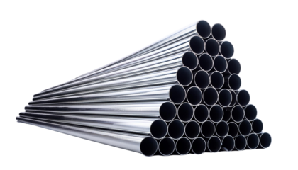 Stack of steel pipes arranged in a pyramid shape, showcasing industrial resources.