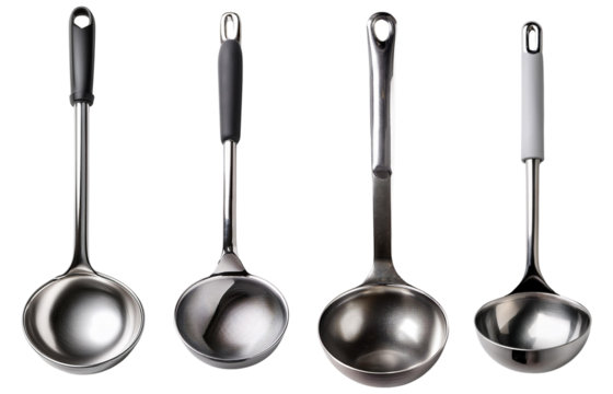A collection of stainless steel ladles ideal for serving soups and sauces.