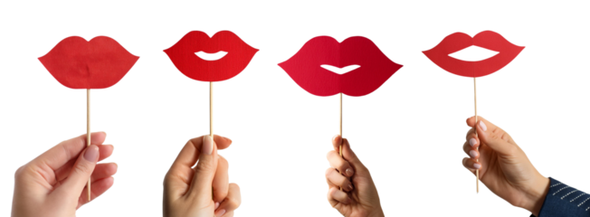 Colorful paper lips on sticks held by hands, playful decoration for events or parties.